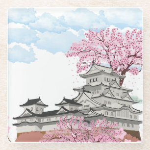 "中国の桜の木と宮殿 – オリエエレガントント ガラスコースター