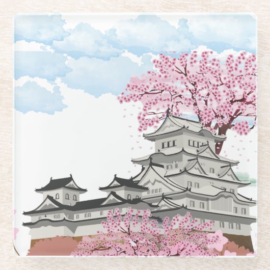 "中国の桜の木と宮殿 – オリエエレガントント ガラスコースター (正面)