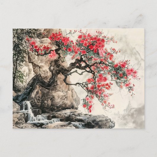 中国の水彩画の山の花開く木 ポストカード (正面)