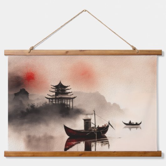 中国の水彩画の漁船 吊り下げ型タペストリー (正面)