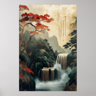 中国の滝の壁画プリント – 伝統的 ポスター