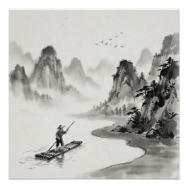 中国の漓江の水墨風景画 ポスター