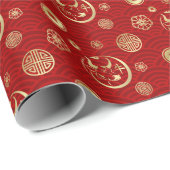 中国の牛のパターンの新年 – 赤と金ゴールド ラッピングペーパー (ロールコーナー)