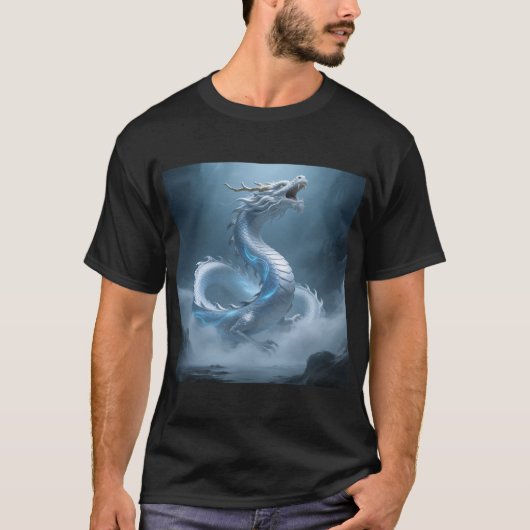 中国の白と青のドラゴンアートファンタジーデザイン Tシャツ (正面)
