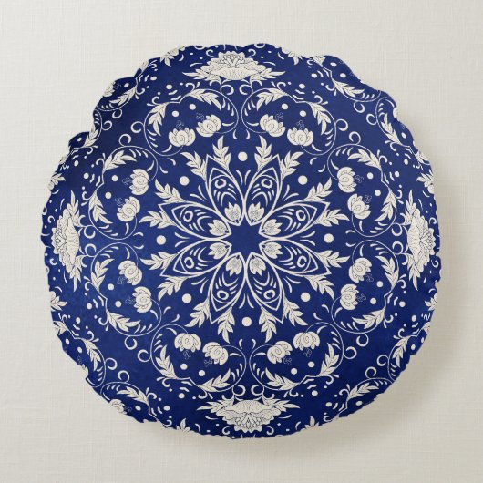 中国の磁器：青い水彩フローラ ラウンドクッション (正面)
