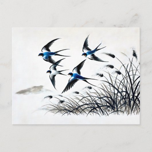 中国の空を疾走するツバメのグループ ポストカード (正面)