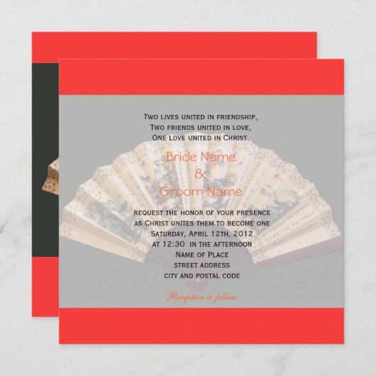 中国の竹と絹のファンのクリスチャン結婚ズ 招待状 (正面/裏面)