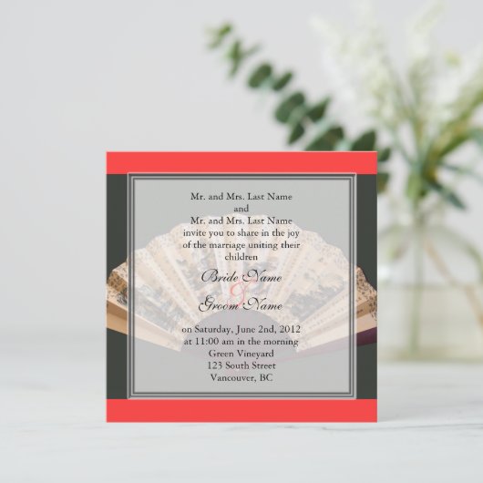 中国の竹と絹の結婚扇 招待状 (スタンド正面)