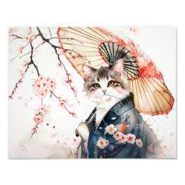 中国の竹傘を持つ高貴なゲイシャ猫 フォトプリント           