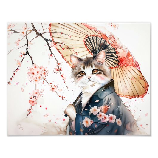 中国の竹傘を持つ高貴なゲイシャ猫 フォトプリント            (正面)