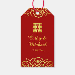 中国の結婚式の花のバラの切り絵 赤と金色 ギフトタグ