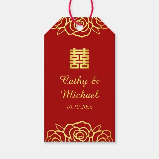 中国の結婚式の花のバラの切り絵 赤と金色 ギフトタグ (正面)