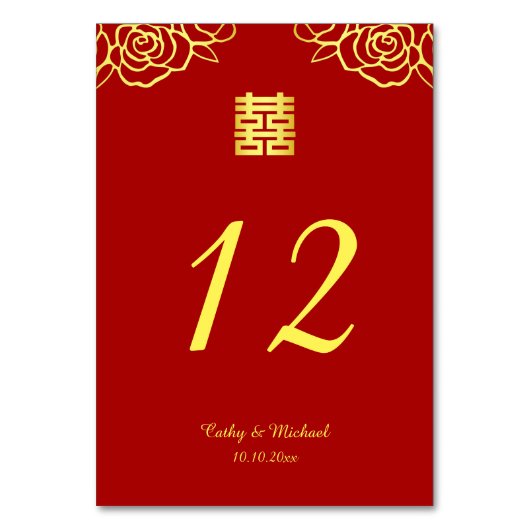 中国の結婚式の花のバラの切り絵 赤と金 テーブルナンバー (裏面)