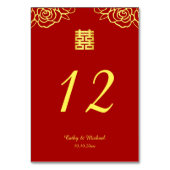 中国の結婚式の花のバラの切り絵 赤と金 テーブルナンバー (正面)
