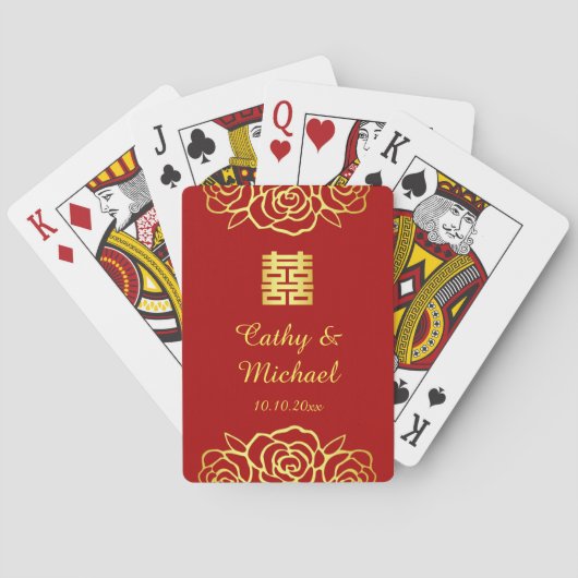 中国の結婚式の花のバラの切り絵 赤と金 トランプ (裏面)