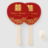 中国の結婚式の花のバラの切り絵 赤と金 ハンドファン (正面&裏面)