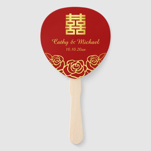 中国の結婚式の花のバラの切り絵 赤と金 ハンドファン (正面)