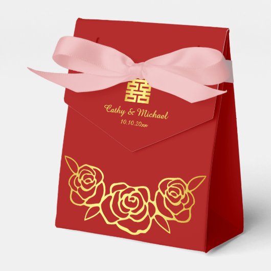 中国の結婚式の花のバラの切り絵 赤と金 フェイバーボックス (正面サイド)