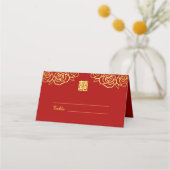 中国の結婚式の花のバラの切り絵 赤と金 プレイスカード (正面)