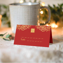 中国の結婚式の花のバラの切り絵 赤と金 プレイスカード