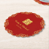中国の結婚式の花のバラの切り絵 赤と金 ペーパーコースター (アングル)