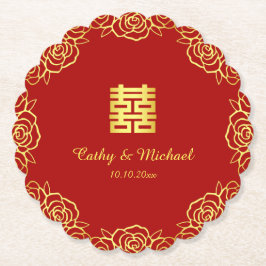 中国の結婚式の花のバラの切り絵 赤と金 ペーパーコースター