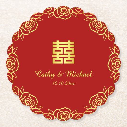 中国の結婚式の花のバラの切り絵 赤と金 ペーパーコースター (正面)