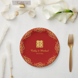 中国の結婚式の花のバラの切り絵 赤と金 ペーパープレート