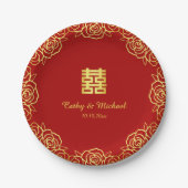 中国の結婚式の花のバラの切り絵 赤と金 ペーパープレート (正面)