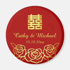 中国の結婚式の花のバラの切り絵 赤と金 マグネット