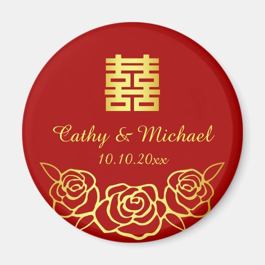 中国の結婚式の花のバラの切り絵 赤と金 マグネット (正面)