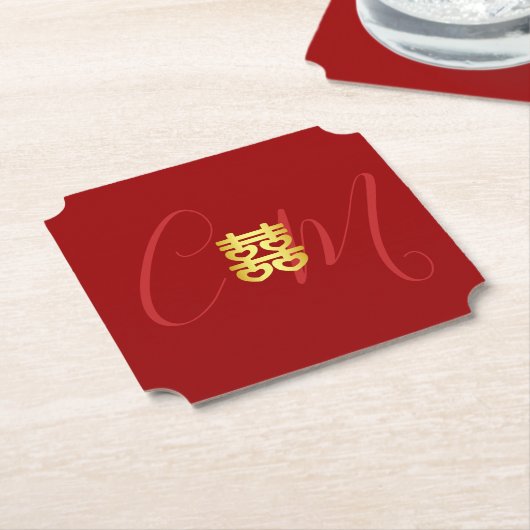 中国の結婚式の赤いイニシャルペア ペーパーコースター (アングル)