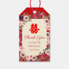 中国の結婚式の赤い庭の花の二重の喜び ギフトタグ