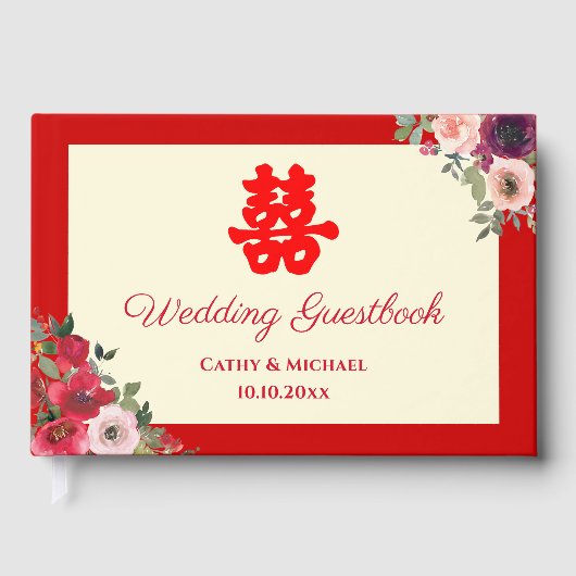 中国の結婚式の赤い庭の花の二重の喜び ゲストブック (正面)