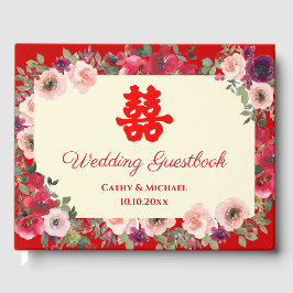 中国の結婚式の赤い庭の花の二重の喜び ゲストブック