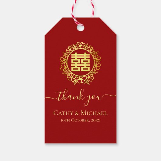中国の結婚式の赤い花輪のお礼 ギフトタグ (正面)