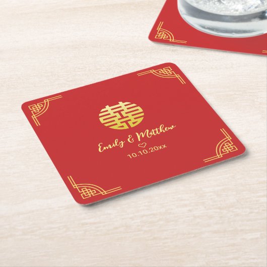 中国の結婚式 ゴールデンフレーム 二重喜字 スクエアペーパーコースター (アングル)