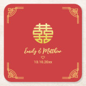 中国の結婚式 ゴールデンフレーム 二重喜字 スクエアペーパーコースター (正面)