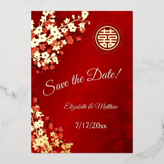 中国の結婚式 サクラのSave The Date 箔招待状 (正面)