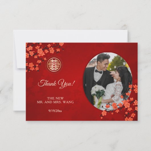 中国の結婚式　ダブルハピネス　桜  サンキューカード (正面)