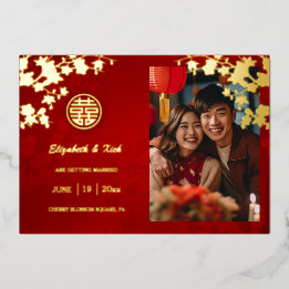 中国の結婚式 ダブルハピネス 桜 箔招待状