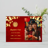 中国の結婚式 ダブルハピネス 桜 箔招待状 (立ち正面)