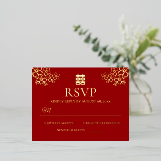 中国の結婚式　桜の花の招待状 箔招待状ポストカード (立ち正面)