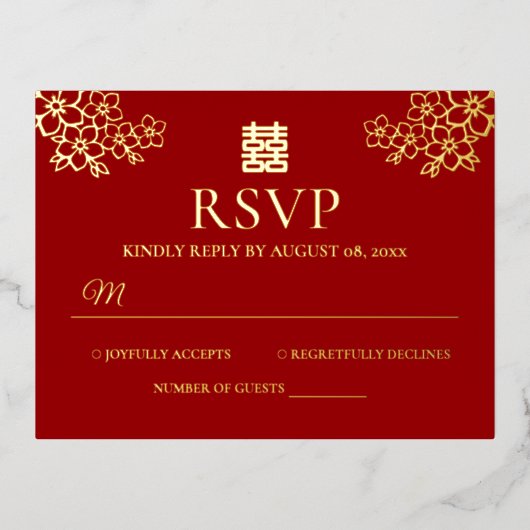 中国の結婚式　桜の花の招待状 箔招待状ポストカード (正面)