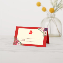 中国の結婚式 赤 紫 花柄 ガーデン プレイスカード