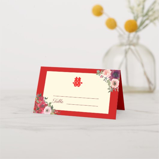 中国の結婚式 赤 紫 花柄 ガーデン プレイスカード (正面)
