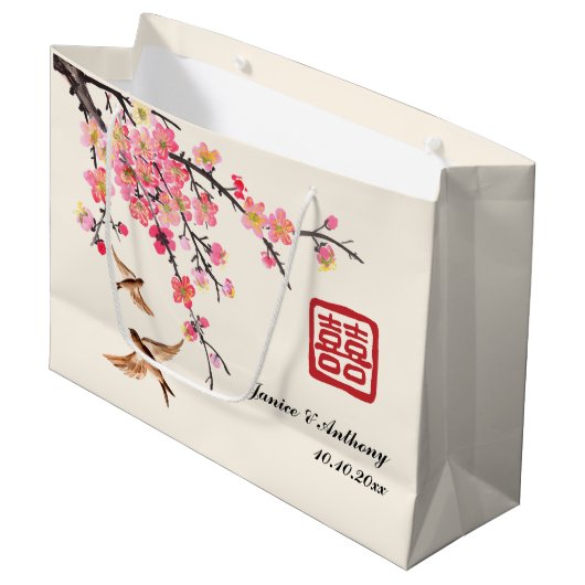 中国の絵を描フローラ結婚鳥 ラージペーパーバッグ (正面アングル)
