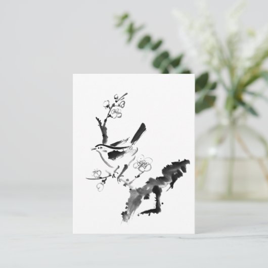 中国の絵画、梅の花と鳥 ポストカード (スタンド正面)