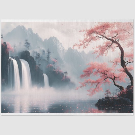 中国の絵画:滝と桜の木 薄葉紙 (正面)