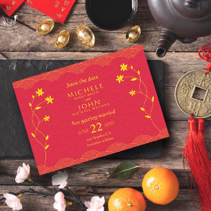 中国の赤いテーマの花の「Save The Date」カード 招待状